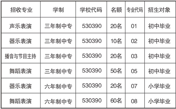 云南艺术学院附属艺术学校、学校招生计划